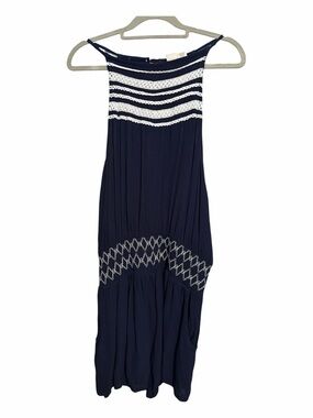 BEACH BY EXIST Navy Romper with white embroidery. smocked waist side pockets
